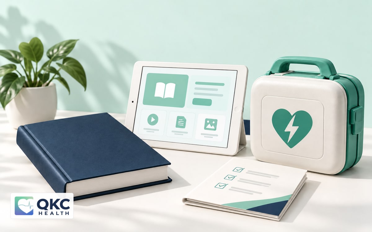 QKC Health resource library illustration with a study book, tablet, AED training case, and checklist.